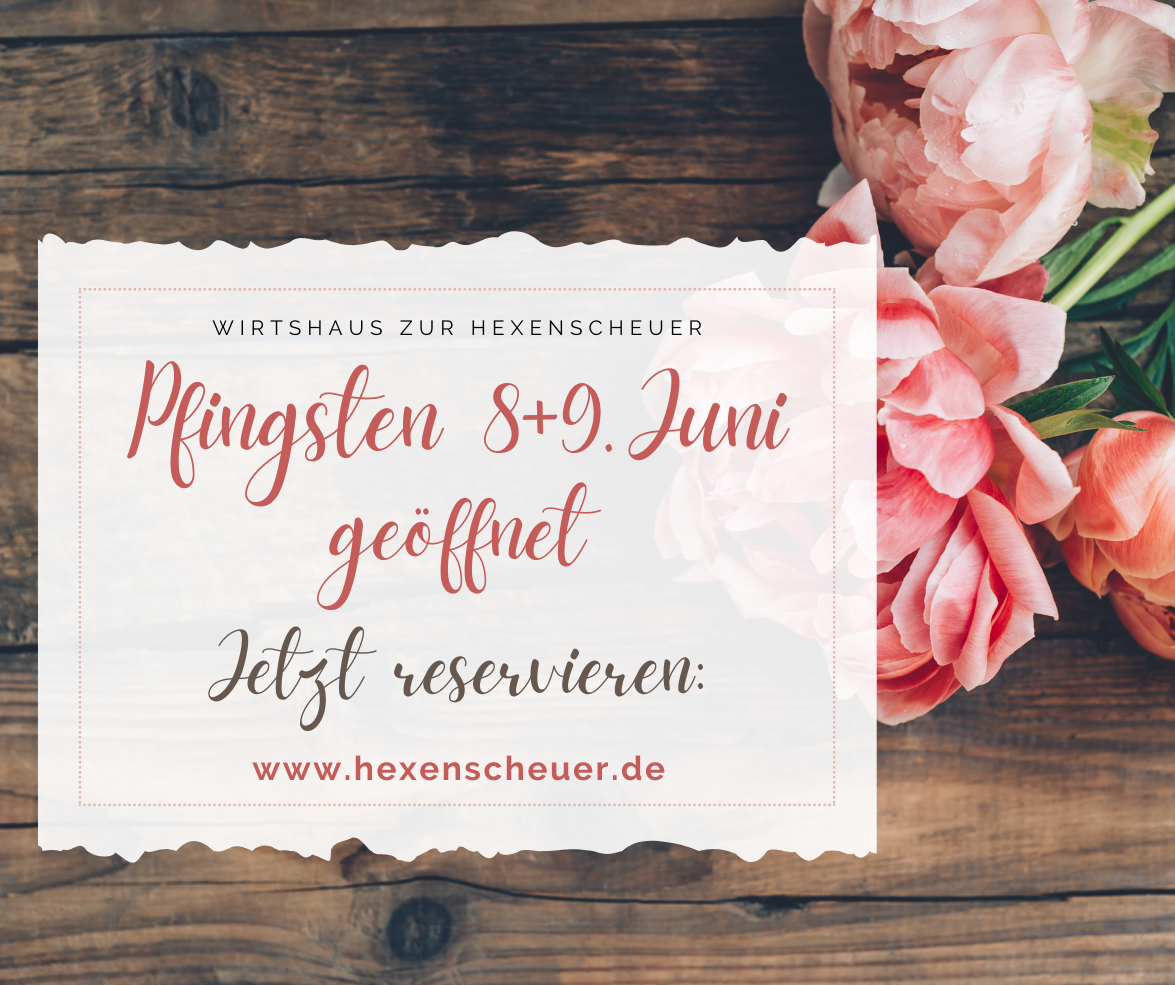 Ein quadratisches Bild mit einem unscharfen Hintergrund aus rosa und weißen Blüten. In der Mitte befindet sich ein weißes Rechteck mit abgerundeten Ecken und einer gestrichelten Linie als Rahmen. Darin steht in geschwungener, handschriftlicher Schrift „Ostern, Muttertag & Pfingsten geöffnet“. Darüber, in kleinerer, normaler Schrift, steht „WIRTSHAUS ZUR HEXENSCHEUER“. Darunter steht „Jetzt reservieren:“ und darunter die Telefonnummer 07044 3470279.