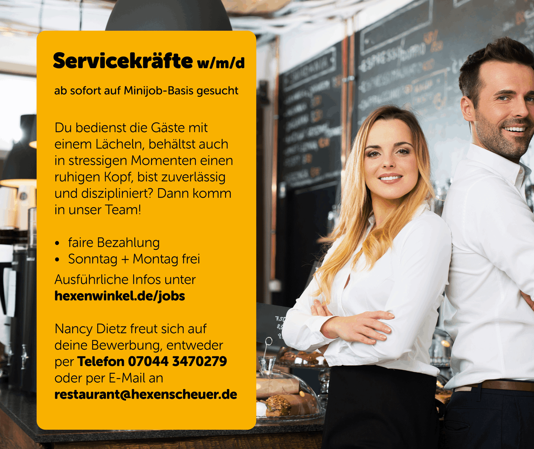 Das Bild zeigt eine Stellenanzeige für Servicekräfte (m/w/d) auf Minijob-Basis.